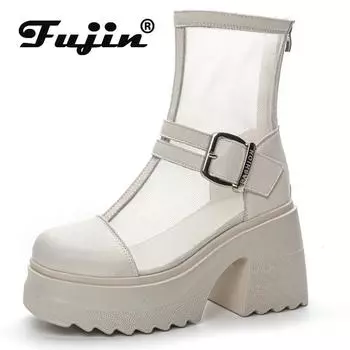 Fujin/2024, дышащие мотоциклетные ботильоны с воздушной сеткой, 10 см, обувь из лакированной кожи, летние женские ботинки на полой подошве, женские модные сандалии