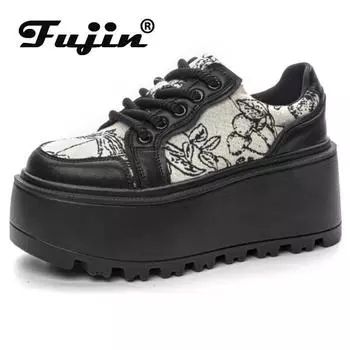 Fujin/2024, джинсовая ткань из натуральной кожи с принтом, туфли на танкетке на платформе, массивные кроссовки, повседневные удобные брендовые весенне-осенние туфли высокого качества