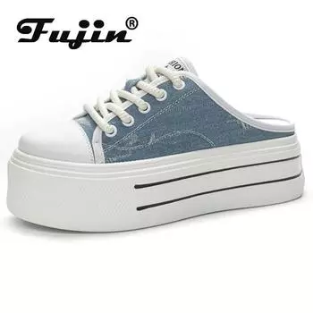 Fujin/2024, джинсовые брендовые тапочки из синтетической кожи на танкетке, весенние, блестящие, осенние, массивные кроссовки, повседневная удобная обувь