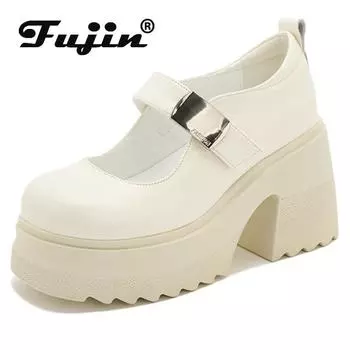 Fujin 2024 г., женские туфли-лодочки Мэри Джейн на танкетке из лакированной кожи на платформе, 10 см, на массивном каблуке, летняя модная обувь 34 чёрный