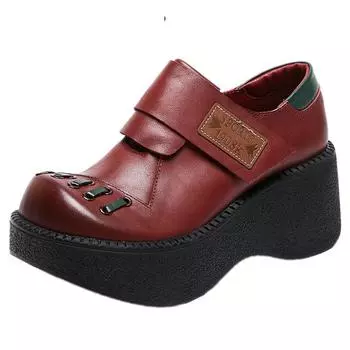 Fujin/2024, женские осенне-летние туфли на круглой платформе на танкетке на плоской подошве, весенние крючки, женские новые туфли в этническом стиле из коровьей кожи Мэри Джейн 35 бежевый