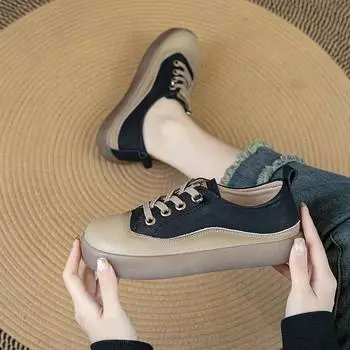 Fujin 2 см натуральная кожа удобные лоферы для отдыха оксфорды большого размера этнические женские ретро эргономичные осенние мягкие балетки вулканизированные туфли 35 чёрный