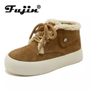 Fujin 3 см замшевые ботильоны из натуральной кожи на толстой подошве, женские осенние мотоциклетные ботинки на плоской подошве, зимние туфли на платформе и танкетке с плюшем 35