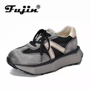 Fujin 4,5 см массивные кроссовки из натуральной кожи с воздушной сеткой, летние ботильоны разных цветов, удобные ботинки на плоской подошве, дышащая женская обувь 35 чёрный