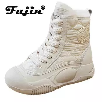 Fujin 4,5 см синтетическая кожа пуховые ботинки зимние ботильоны на платформе танкетке женские плюшевые теплые осенне-зимние ботинки 34 бежевый