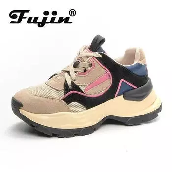Fujin 5,5 см из натуральной кожи, женские ботильоны, летние массивные кроссовки из натуральной кожи, дизайнерская обувь высокого бренда, дышащая 35