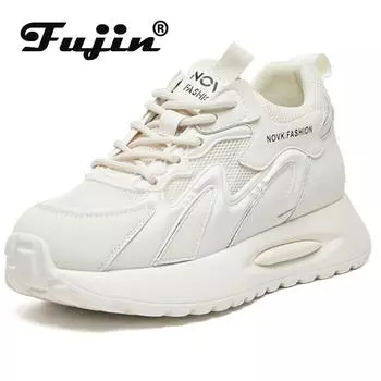 Fujin 5,5 см сетчатые синтетические кожаные кроссовки на платформе на вулканизированной танкетке на массивной танкетке, повседневная дышащая летняя модная обувь 34 белый