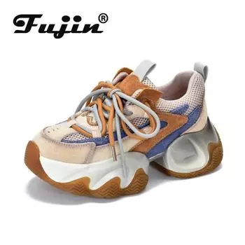 Fujin 5,5 см, удобные весенние ботильоны на плоской подошве, ботинки на воздушной сетке из натуральной кожи свиной кожи, женские осенне-летние массивные кроссовки 35 желтый оранжевый