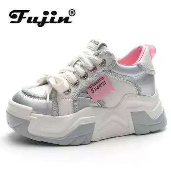 Fujin/5 см из натуральной кожи, весна-осень, повседневные кроссовки на танкетке на платформе, женские мокасины разного цвета, удобная модная обувь