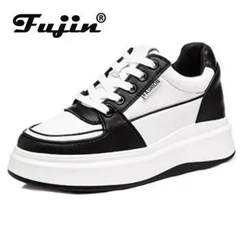 Fujin/5 см из вулканизированной натуральной кожи, устойчивые кроссовки на платформе, массивные ботинки, женская весенне-осенняя повседневная обувь 33 черный белый