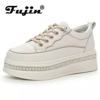 Fujin/5 см туфли на платформе со стразами, весенние вулканизированные прогулочные кроссовки, массивные осенние женские туфли из микрофибры из кожи, модная обувь