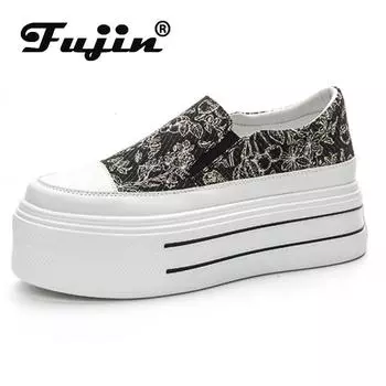 Fujin 6,5 см, этническая эластичная ткань, натуральная кожа, для отдыха, без шнуровки на платформе, осенняя женская обувь на танкетке Spting, настоящая женская обувь, женские туфли-лодочки 34 бежевый