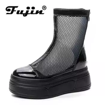 Fujin 6,5 см дышащие мотоциклетные ботильоны из лакированной кожи, женские ботинки, женские модные сандалии, летние полые ботинки 34 чёрный