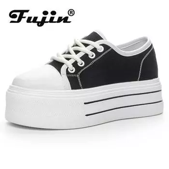 Fujin 6,5 см джинсовая кожаная повседневная танкетка на платформе весна лето осень удобные брендовые массивные кроссовки высокого бренда вулканизированная обувь 34 чёрный