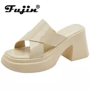 Fujin/6 см из искусственной кожи, лакированные летние женские туфли, удобные туфли на массивном каблуке, модные сандалии с открытым носком, женские тапочки, туфли на танкетке на платформе