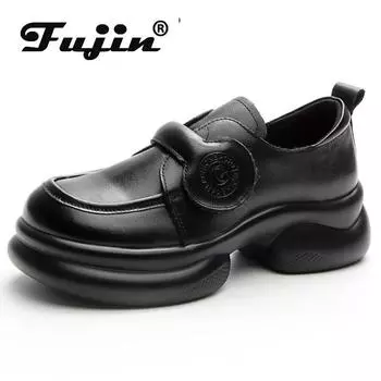 Fujin 6 см из натуральной кожи в стиле ретро в этническом стиле с неглубоким верхом Мэри Джейн, роскошные новые туфли из коровьей кожи, женские летние туфли на танкетке с круглым носком, женские туфли с крючком 35 чёрный