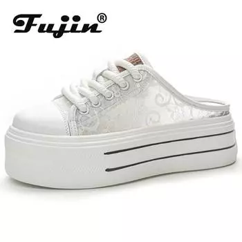 Fujin 6 см массивные кроссовки из натуральной кожи с воздушной сеткой, весенние дышащие женские осенние полые удобные туфли на вулканизированной платформе на танкетке 34 белый