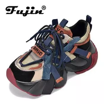 Fujin 6 см, модная обувь на танкетке, женская обувь из натуральной кожи с воздушной сеткой, осенние кроссовки на толстой подошве, весна-лето, вулканизированные массивные кроссовки 35 красный