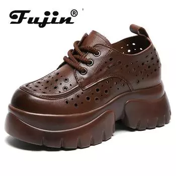 Fujin 6 см Мокасины Мэри Джейн Модные женские летние туфли на крючках из коровьей кожи на платформе дышащие туфли-лодочки на танкетке 34 чёрный