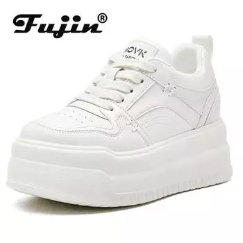 Fujin 6 см натуральная кожа удобные скрытые каблуки блочные балетки скейтборд платформа танкетка дышащие кроссовки вулканизированные массивные туфли 34 белый