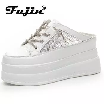 Fujin 6 см удобные сандалии из синтетической натуральной кожи с воздушной сеткой, летние блестящие тапочки со стразами Fsahion, массивные кроссовки, женская обувь 34 белый
