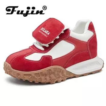 Fujin 6 см замша натуральная кожа платформа танкетка женские весна осень массивные кроссовки модные ботинки вулканизированные хорошо сидящие туфли 34 чёрный