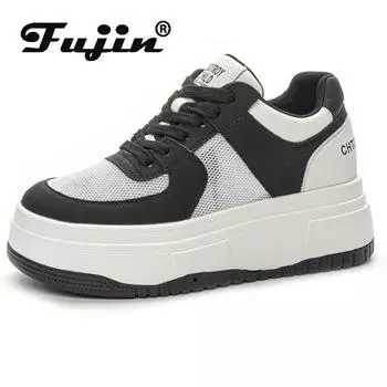 Fujin 7,5 см, 2024, массивные кроссовки из натуральной кожи с воздушной сеткой, дышащие женские летние кроссовки на платформе на танкетке, удобная вулканизированная обувь на полой подошве 33 чёрный