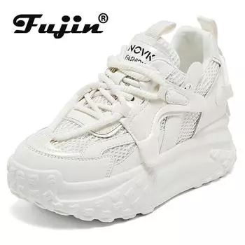 Fujin 7,5 см из натуральной кожи, дышащие кроссовки на платформе на танкетке, повседневные полые кроссовки высокого бренда на плоской подошве, летняя удобная обувь 33 белый