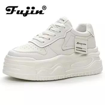 Fujin/7,5 см, модная осенне-весенняя повседневная женская обувь из натуральной кожи на танкетке, очень толстая вулканизированная женская обувь, кроссовки, женские мокасины 33 белый