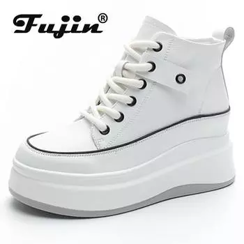 Fujin 7,5 см, новая женская обувь из микрофибры, обувь до середины икры на платформе, массивные кроссовки на танкетке, весенне-осенние ботильоны, женские мотоциклетные ботильоны 34 белый