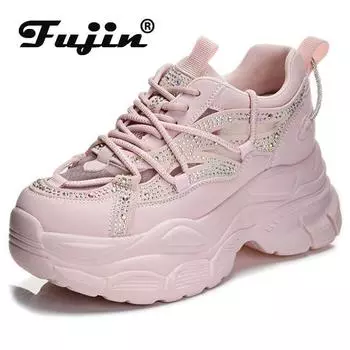 Fujin/7,5 см, новые дышащие женские кроссовки на платформе из натуральной кожи с воздушной сеткой и стразами, массивная летняя женская повседневная обувь