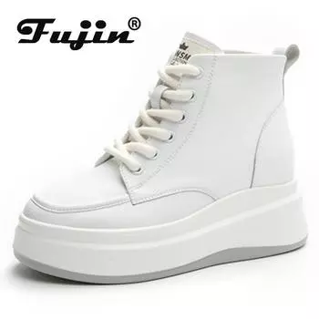 Fujin/7,5 см, новые трендовые осенние ботинки из натуральной кожи, женские ботильоны, женская обувь до середины икры, кроссовки на танкетке, весенние ботильоны 34 чёрный