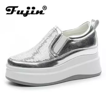 Fujin 7.5 см синтетическая микрофибра женская обувь повседневная высокая брендовая весна осень платформа танкетка кроссовки дышащая вулканизированная кожа 34 чёрный