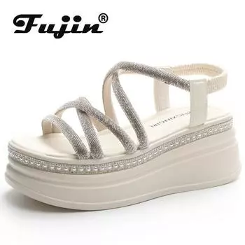 Fujin 7,5 см тапочки с синтетическими стразами, модные элегантные женские туфли на плоской подошве, роскошные летние сандалии для отдыха, туфли на танкетке