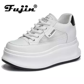 Fujin 7 см 2024 Air Mesh Platform Wedge Shoes Shunky Sneakers Women Summer Fashion Comfy Air Casual Shoes Female Vulcanize 34 белый