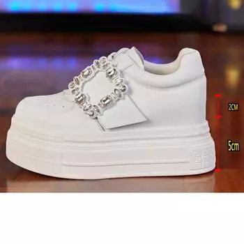 Fujin 7 см 2024 г., женская вулканизированная обувь из натуральной кожи, кожаные туфли на танкетке и высоком каблуке, белые туфли с крючком и увеличенным каблуком, повседневная обувь 34 белый