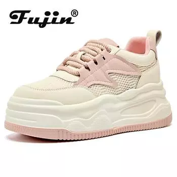 Fujin 7 см Air Mesh Натуральная кожа Летние женские модные туфли на платформе Кроссовки на танкетке Женские толстые кроссовки Повседневные дышащие Вулканизированные 34 белый