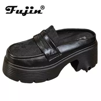 Fujin 7 см джинсовая ткань с принтом из синтетической кожи на платформе, повседневные туфли-лодочки на танкетке с вышивкой, брендовые летние тапочки высокого качества на массивном каблуке
