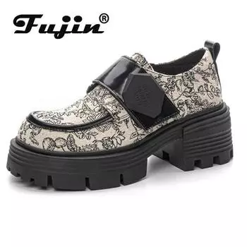 Fujin 7 см джинсовая ткань с принтом, туфли-лодочки на танкетке из синтетической кожи, удобные брендовые повседневные кроссовки на массивном массиве, весна-осень