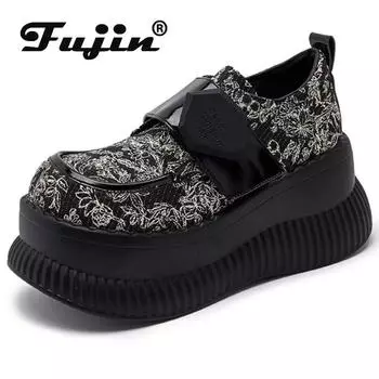 Fujin 7 см джинсовая ткань с принтом, синтетическая кожа, удобные туфли-лодочки на танкетке, массивные кроссовки, брендовая весенне-осенняя повседневная обувь 34 чёрный