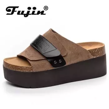 Fujin/7 см из коровьей замши из натуральной кожи, 2024 г., женские летние сандалии на плоской подошве с открытым носком, женские модные сандалии, тапочки, туфли-лодочки на платформе, туфли на танкетке 33
