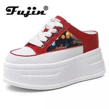Fujin 7 см из микрофибры из натуральной кожи, 2024, женские сандалии, блестящие массивные кроссовки, туфли-лодочки, летние тапочки на платформе, танкетке
