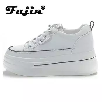Fujin 7 см из натуральной кожи на танкетке, дышащие женские повседневные кроссовки, летние удобные белые полые женские туфли на шнуровке 34