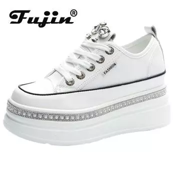 Fujin/7 см из натуральной кожи, женские вулканизированные осенне-весенние женские повседневные блестящие кроссовки на скрытом каблуке на массивном каблуке, туфли на танкетке 34 чёрный