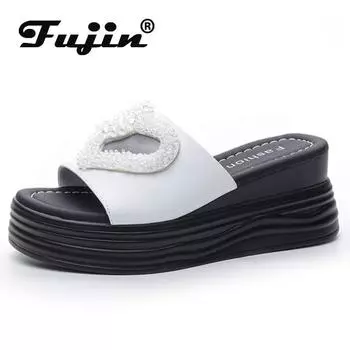 Fujin/7 см на плоской подошве из натуральной кожи, летние сандалии с открытым носком, туфли-лодочки на танкетке на платформе, модная женская обувь без шнуровки 34 белый