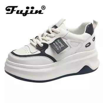 Fujin 7 см натуральная кожа удобные дышащие кроссовки вулканизированные толстые скрытые каблуки блочные туфли для скейтборда платформа танкетка обувь 32 чёрный