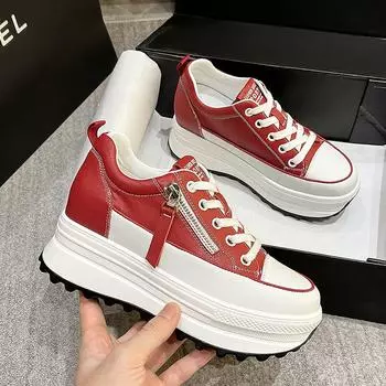 Fujin 7 см натуральная кожа женская повседневная обувь 7 см платформа танкетка женские модные кроссовки массивные весенне-осенняя обувь лето 34 чёрный