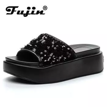 Fujin/7 см, новые сетчатые полые женские кроссовки на танкетке из синтетической кожи, шлепанцы для отдыха, дышащие летние летние туфли с открытым носком на платформе 34 чёрный