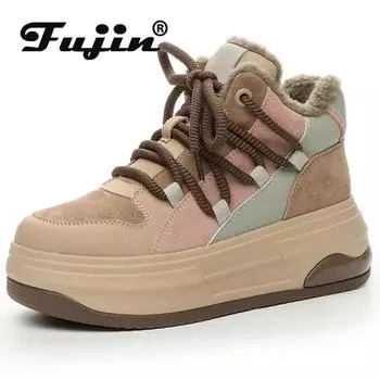 Fujin/7 см, осенне-зимние ботильоны, женские плюшевые мокасины на танкетке с застежкой-молнией и толстой подошвой с круглым носком в британском стиле 34 розовый