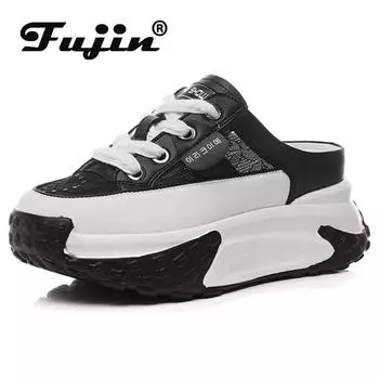 Fujin 7 см сетчатые полые натуральная кожа для отдыха, дышащие летние женские тапочки на платформе, массивные кроссовки на танкетке, разноцветные